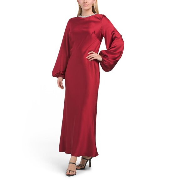LEENA Wine Long Sleeve Satin Cocktail Dress